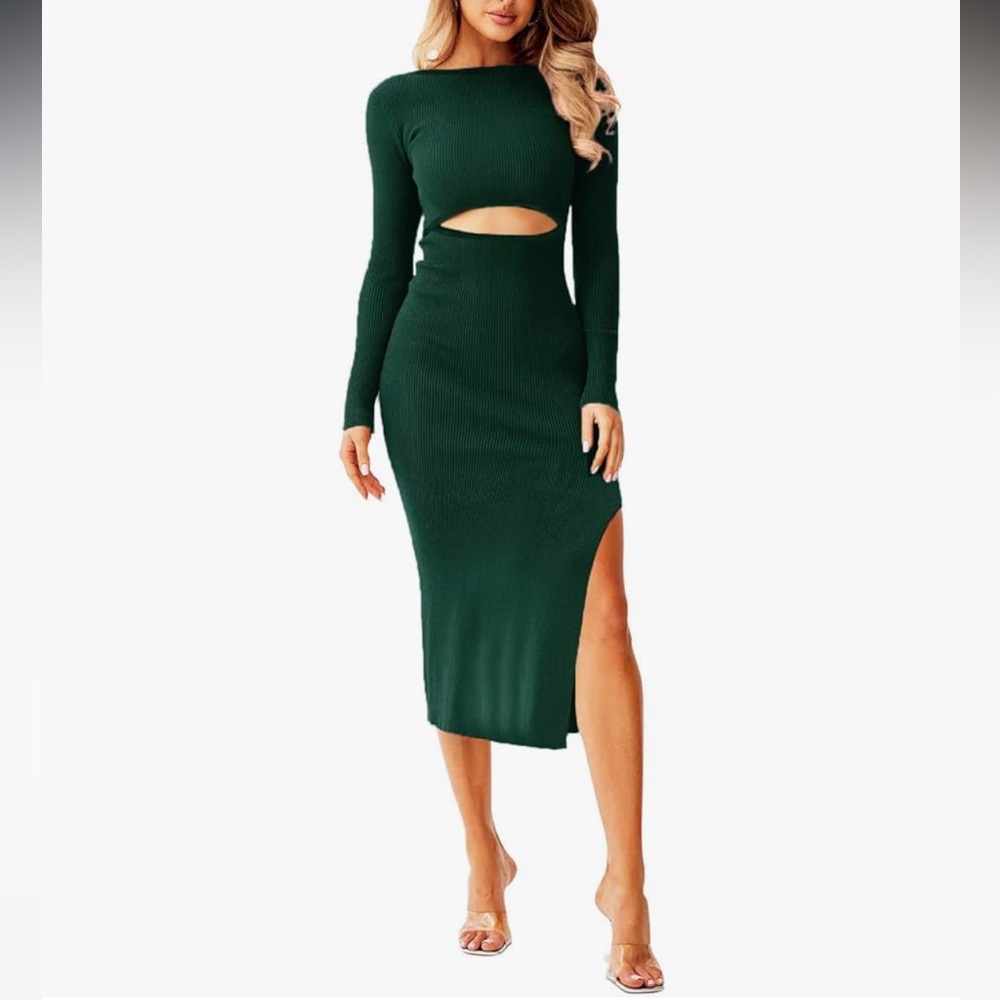 Uusollecy Crewneck Long Sleeve Cutout Side Slit Bodycon Sweater Dress